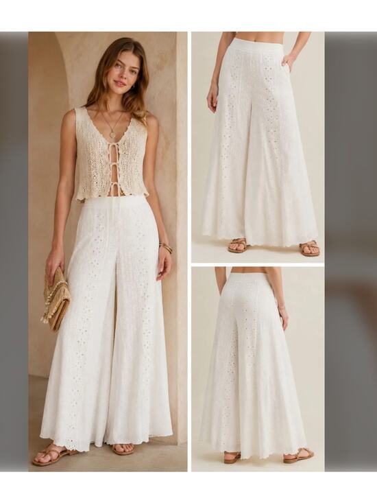 Mustard Seed Pants - White Eyelet Cotton Wide Leg Palazzo Pants Lined with Pockets - Coastal European